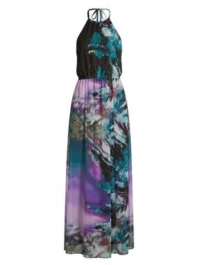 bebe Y2K Black Halter Dress with Teal & Purple Print
